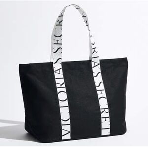 Victoria's Secret Black And White Canvas Tote Bag, Gym, Weekender, Y2K, Travel